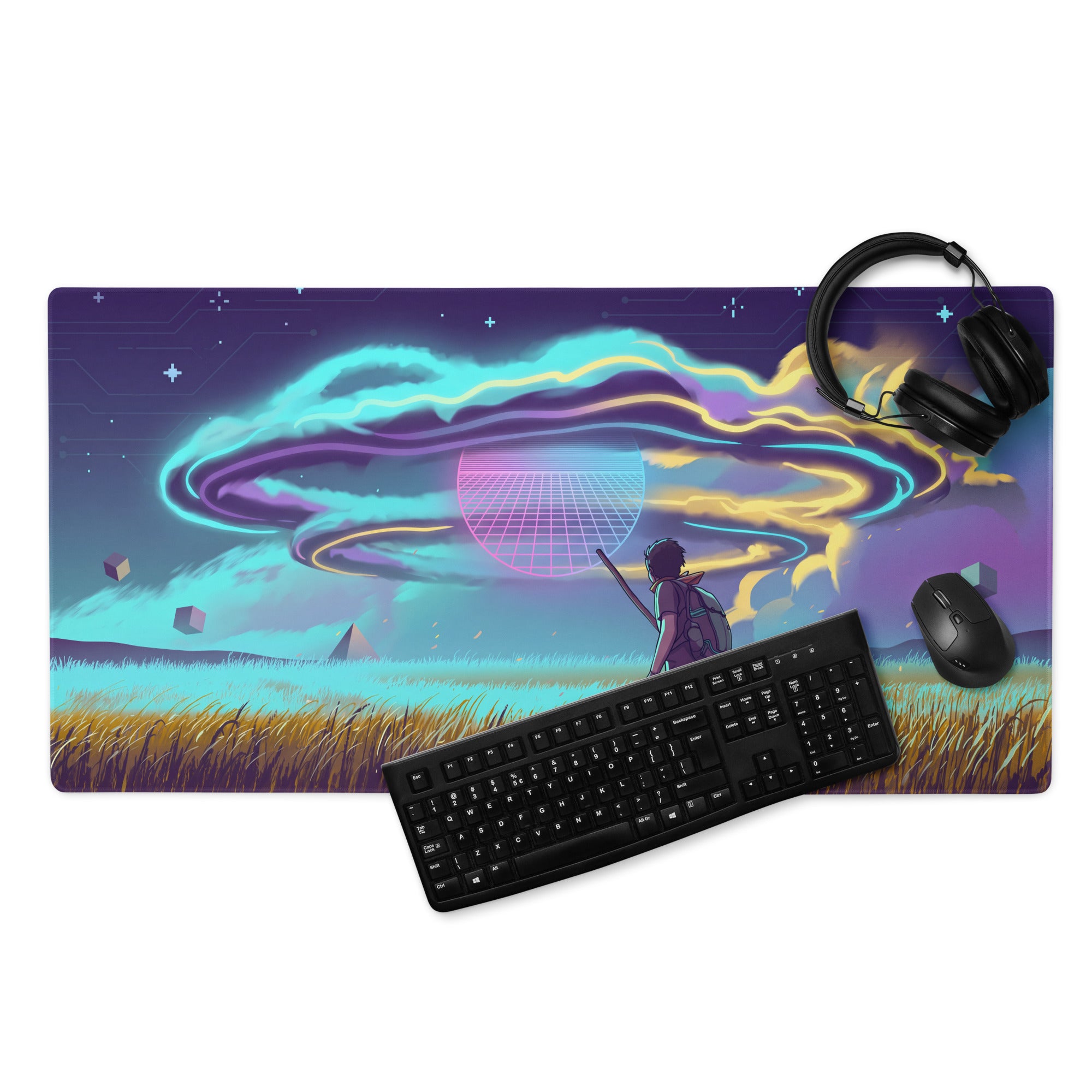 Vaporwave neon galaxy gaming mouse pad with vibrant purple cyan alien landscape and retro futuristic digital art design