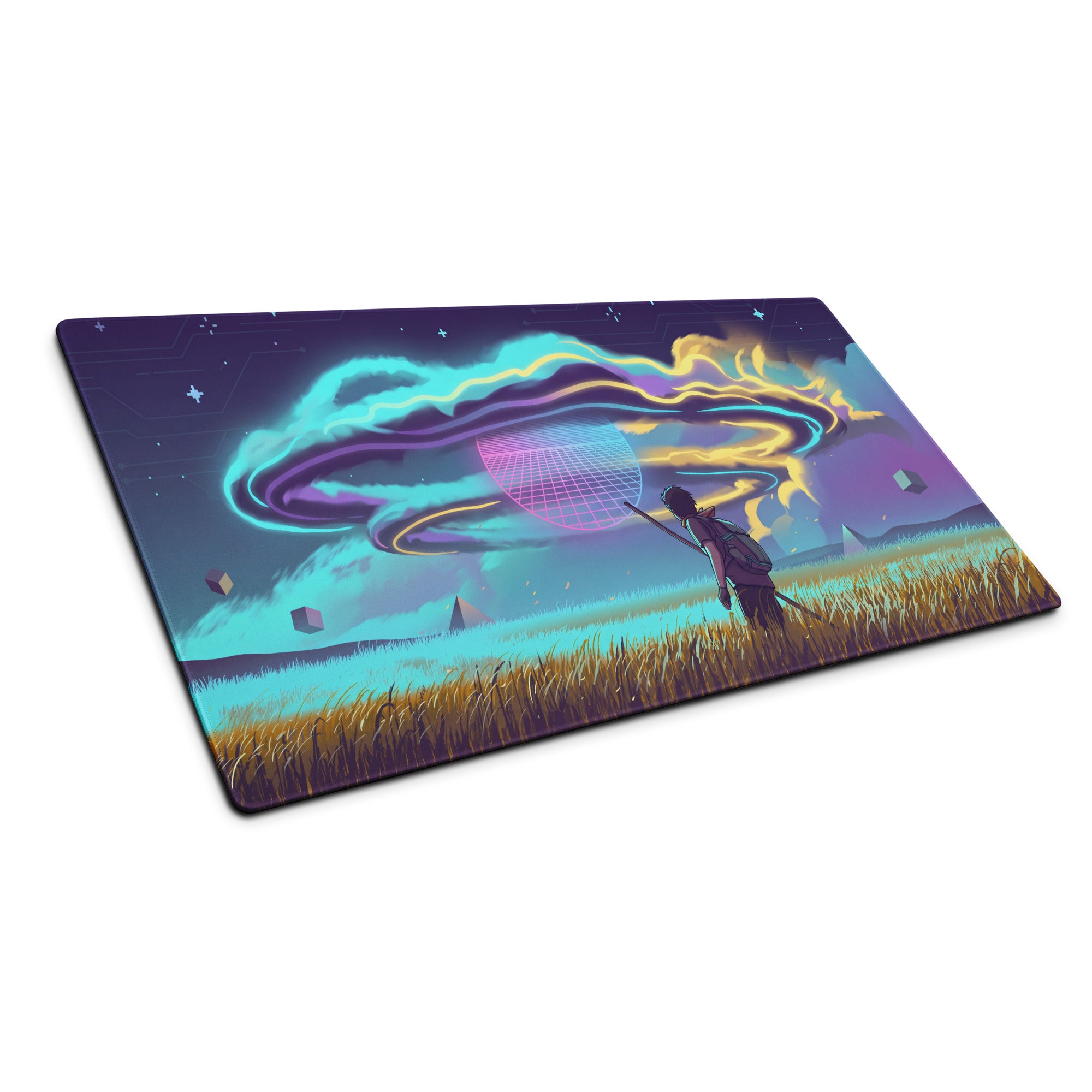 Rectangular gaming mousepad with vibrant vaporwave neon purple and cyan ufo illustration for retro futurism desk use