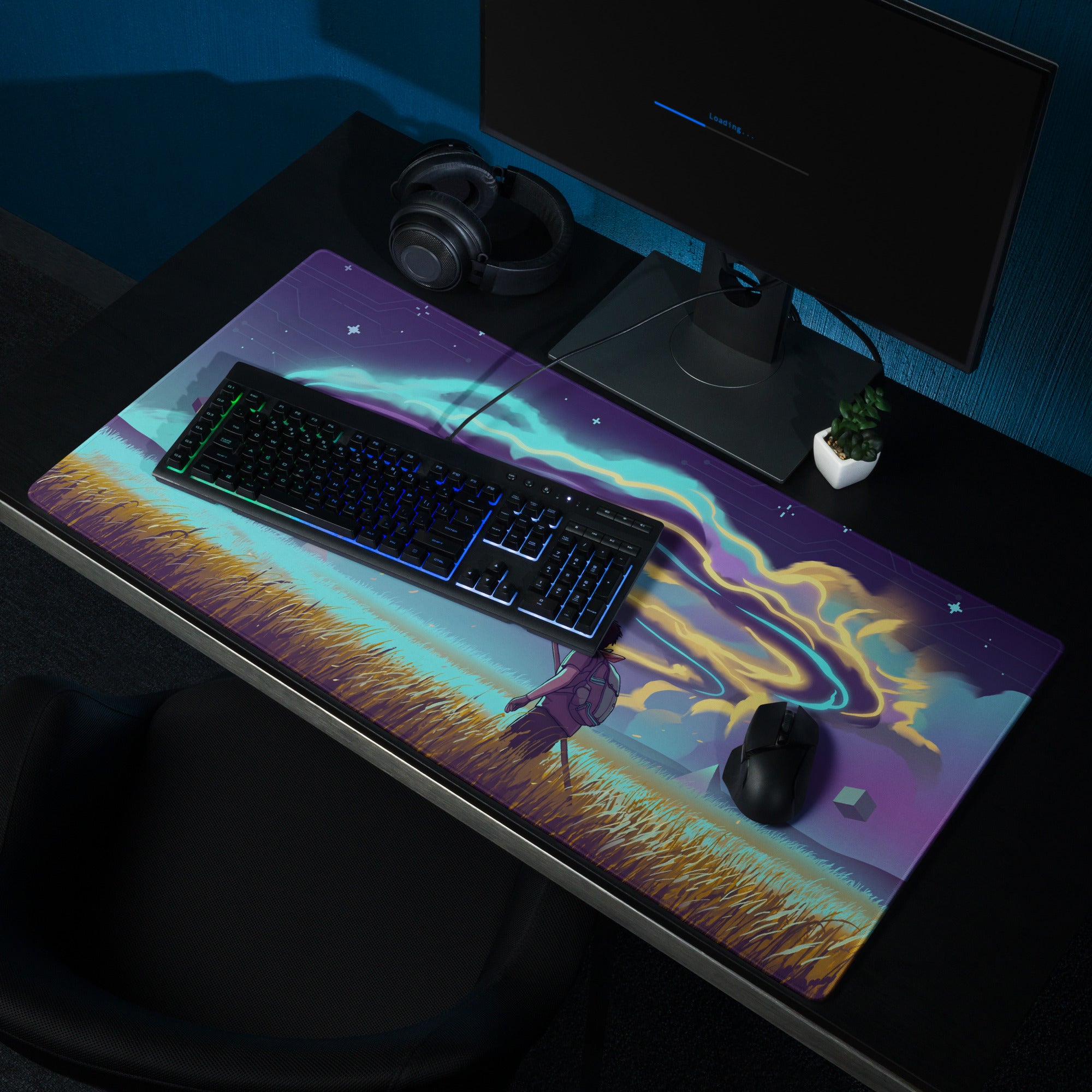 Vibrant purple and teal cosmic gaming mouse pad with stylized character in golden grass under swirling auroras