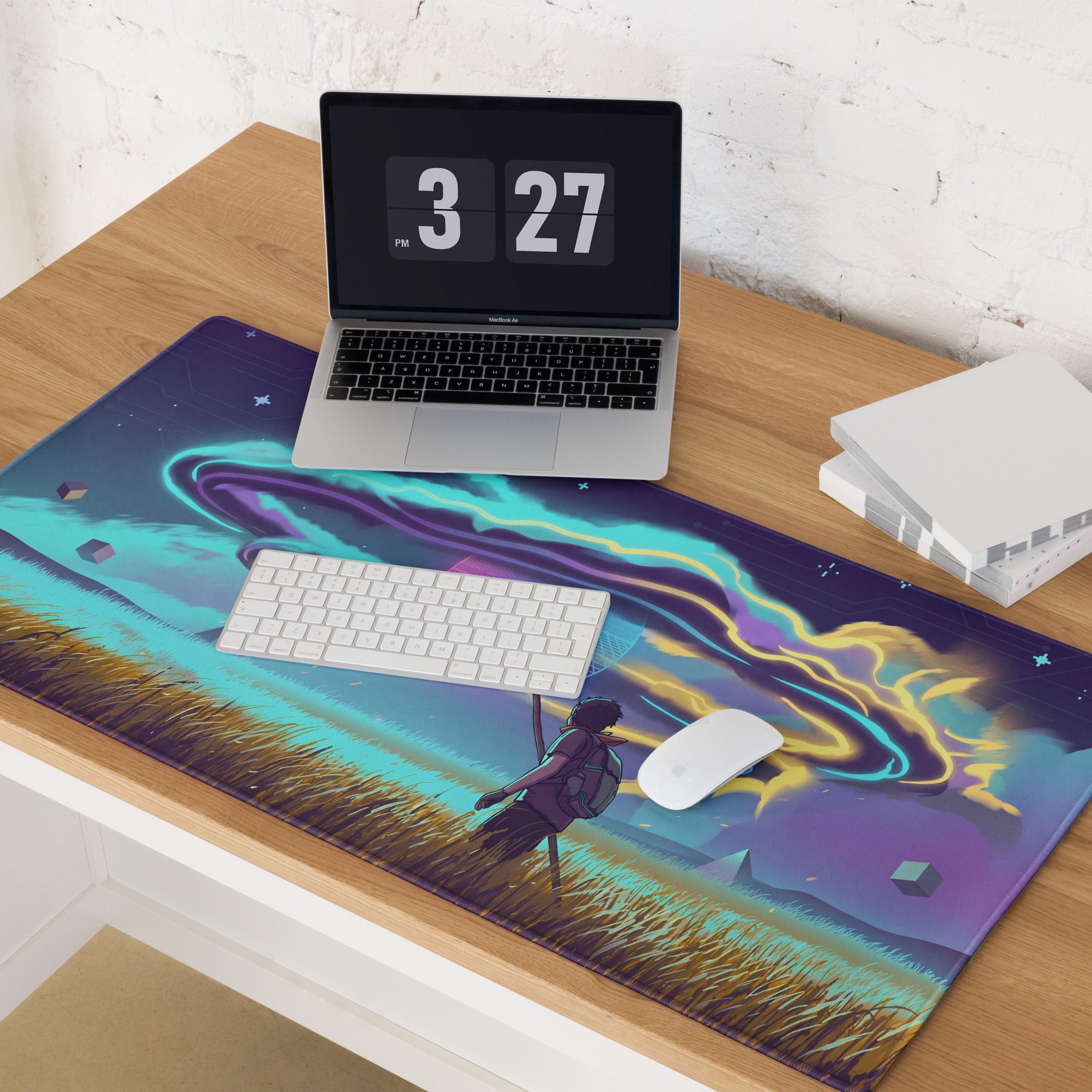 Vaporwave neon galaxy gaming mouse pad with vibrant cosmic design in purple and teal featuring aurora and grassy field figure