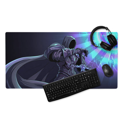 Dark-themed vaporwave neon horizon mouse pad with purple black hooded warrior and glowing blue energy effects