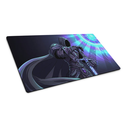 Rectangular vaporwave neon horizon mouse pad with dark armored figure and glowing blue purple energy effects