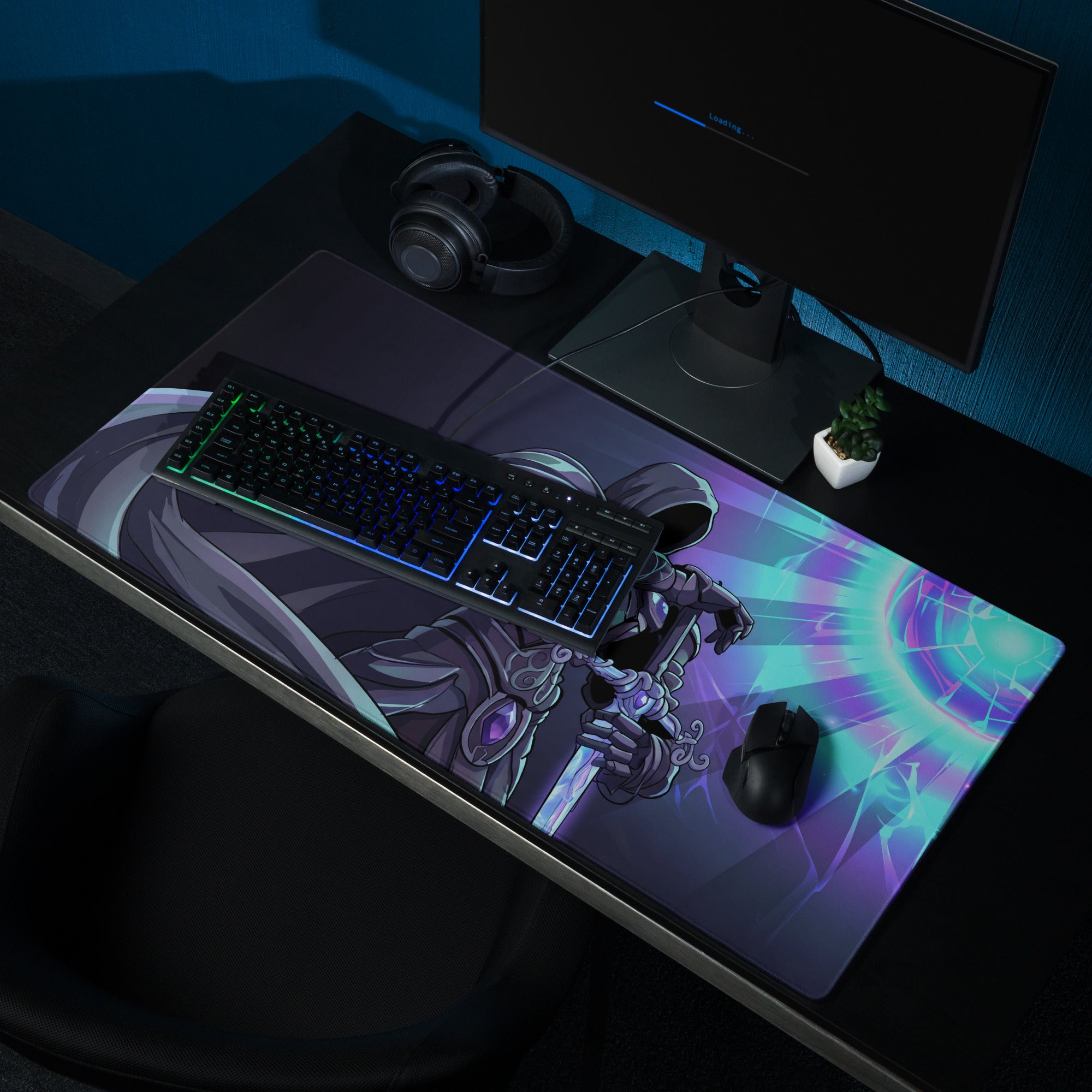 Vaporwave neon horizon mouse pad with vibrant pink purple blue design featuring a hooded character and glowing energy effects