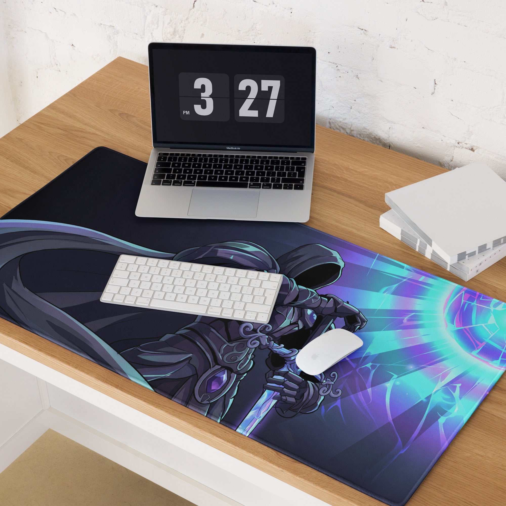 Vaporwave neon horizon mouse pad with dark blue and purple hooded figure and glowing cyan energy effects design