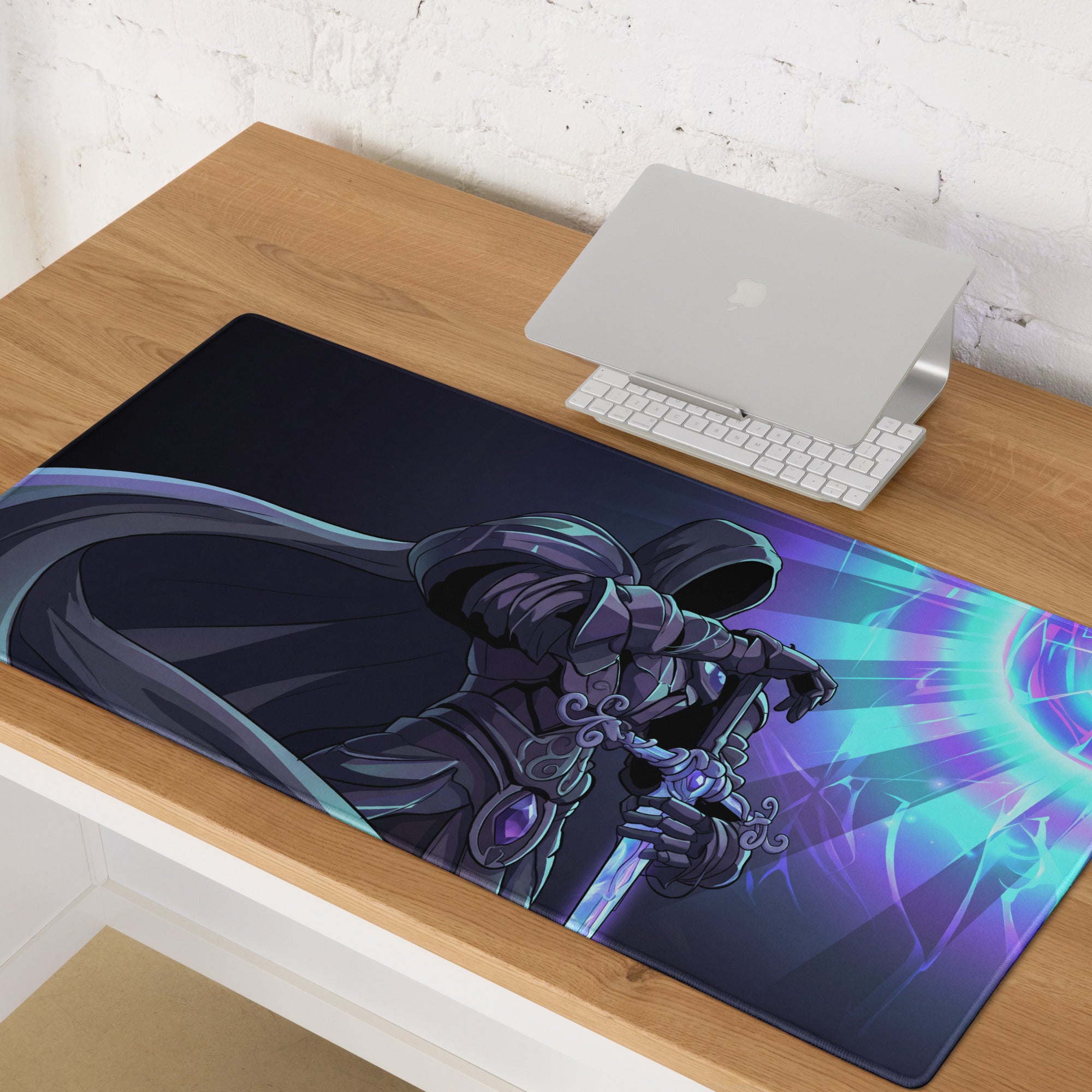 Dark-themed vaporwave neon horizon mouse pad with hooded armored figure and glowing sword on purple and blue energy burst background