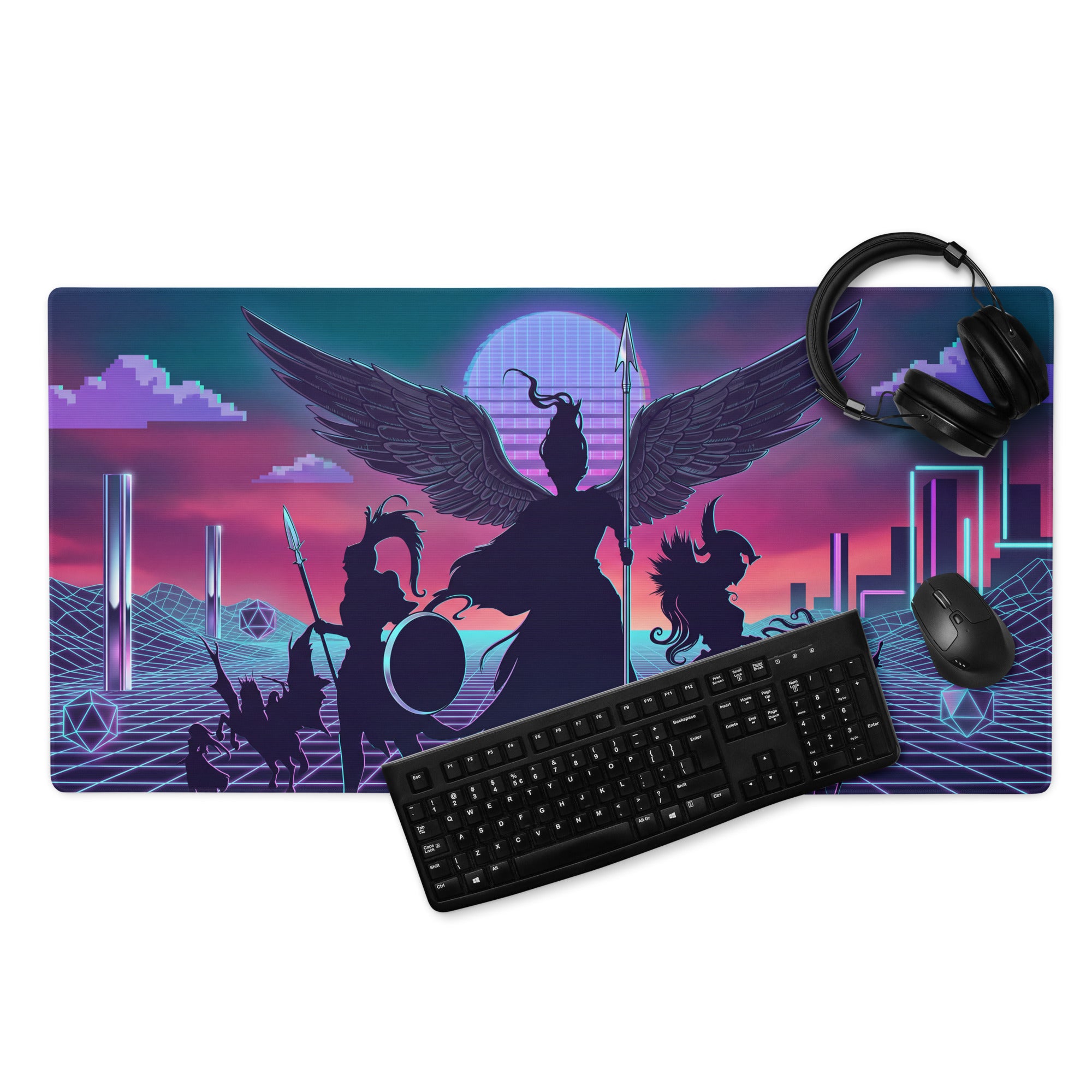 Vaporwave wings neon pad gaming mouse pad with vibrant retro-futuristic silhouettes and neon pink teal cityscape design