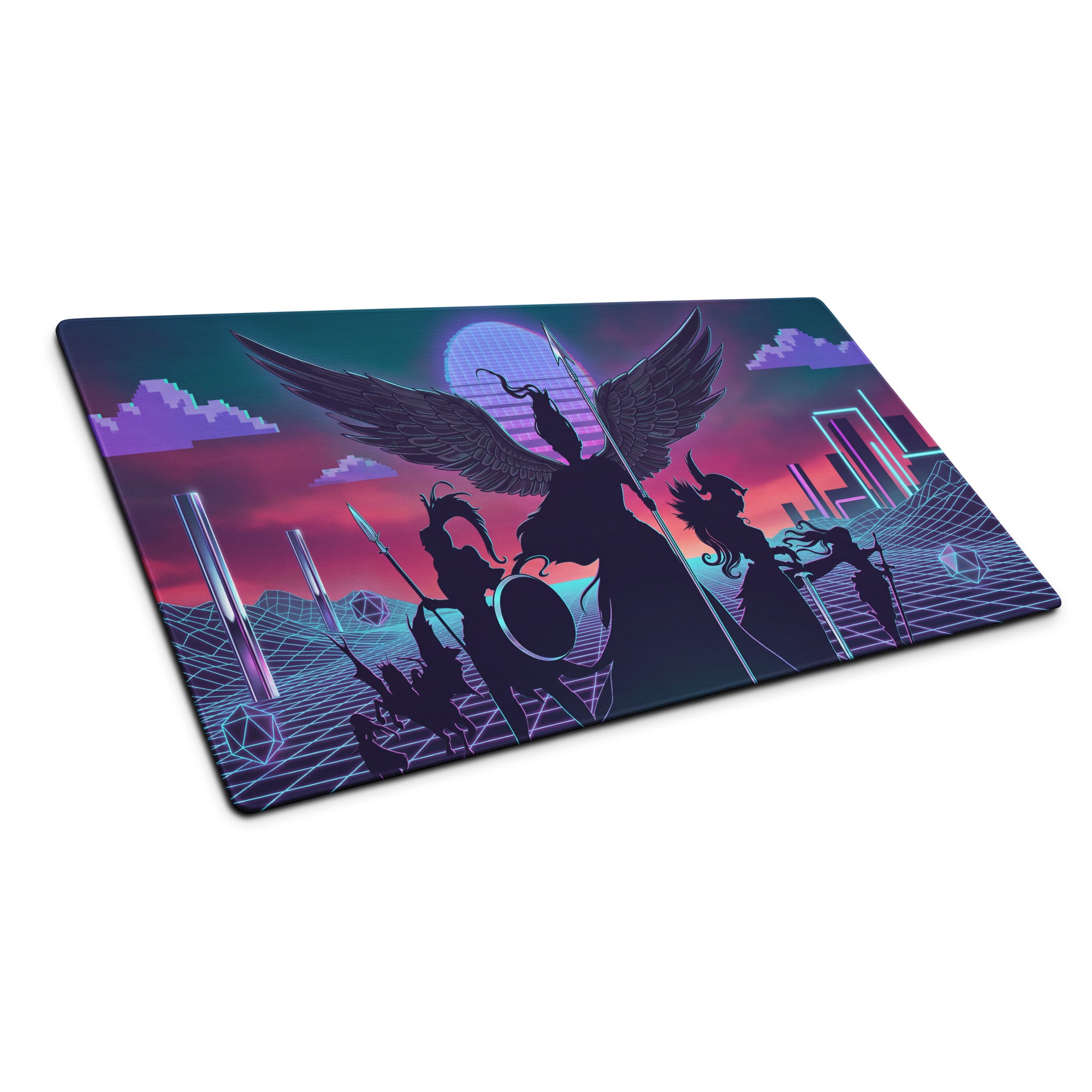 Vaporwave wings neon pad mouse pad with retro-futuristic winged warriors and cityscape in neon purple and blue colors