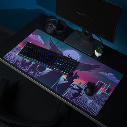 Nebula-themed gaming mousepad with vibrant purple pink and teal gradients featuring winged figure silhouette and futuristic cityscape