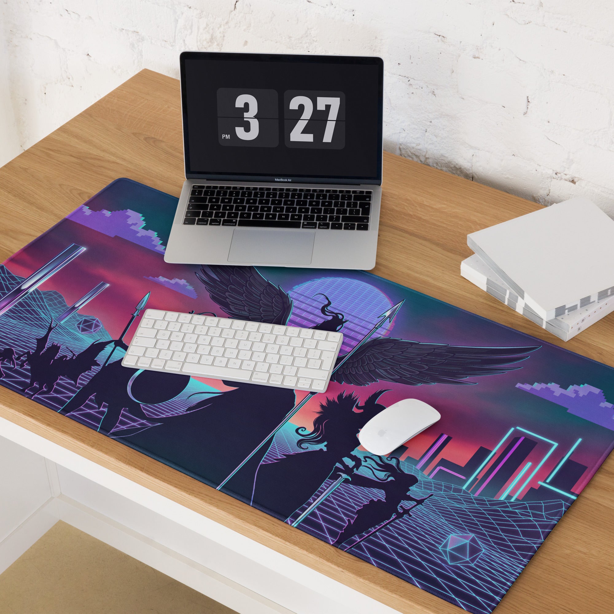 Vaporwave wings neon pad gaming mouse pad with vibrant neon pink and purple colors and winged warrior cityscape design
