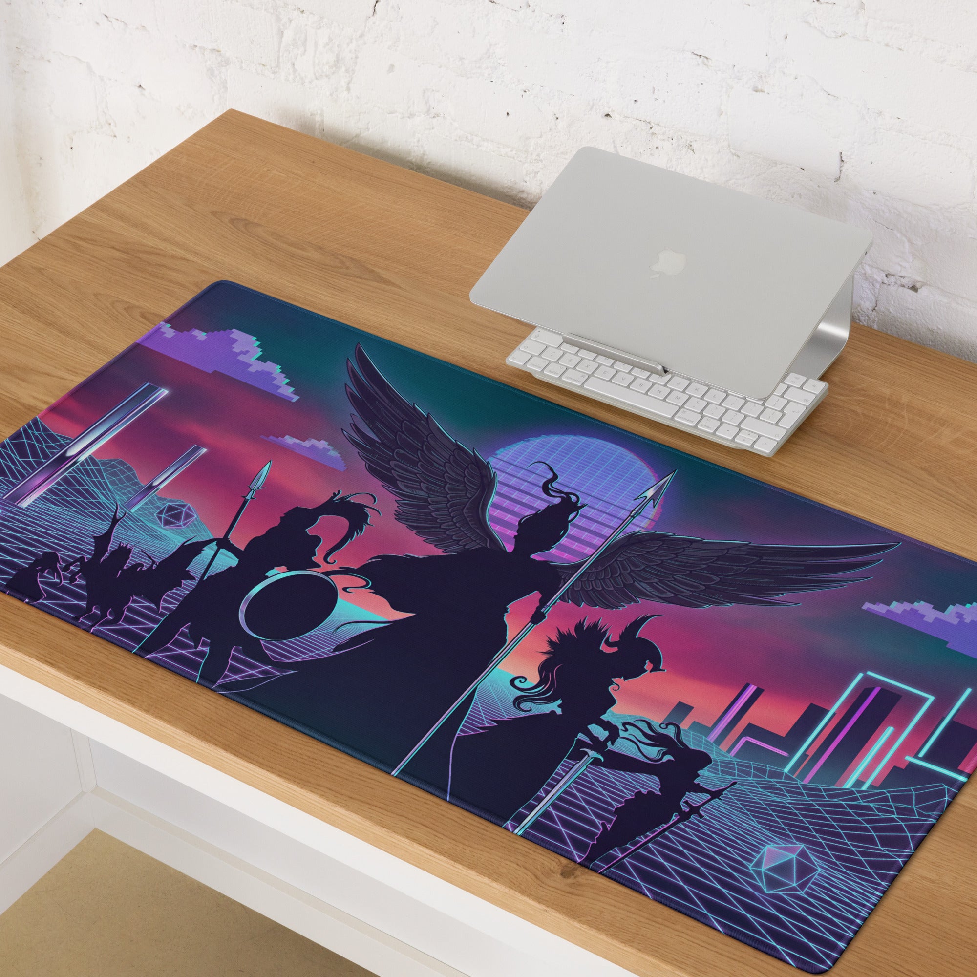 Narrow rectangular vaporwave wings neon pad mouse pad with vibrant retro-futuristic winged warriors design in purple and teal