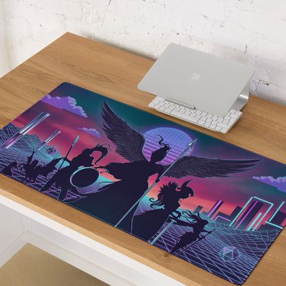 Narrow rectangular vaporwave wings neon pad mouse pad with vibrant retro-futuristic winged warriors design in purple and teal
