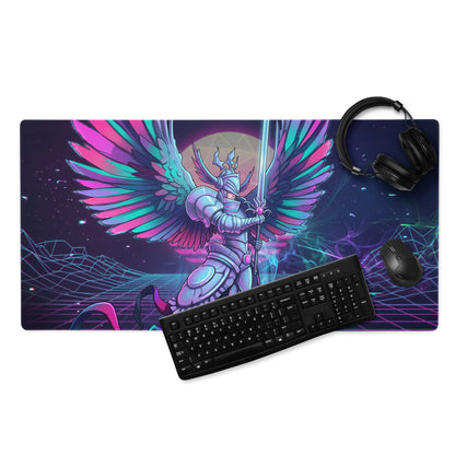 Vibrant neon-pink and teal winged knight gaming mousepad with futuristic cyberpunk vaporwave design for esports