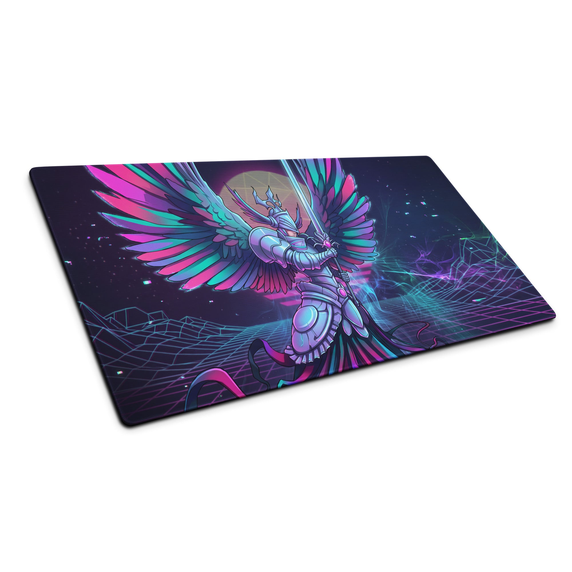 Vaporwave wings gaming mouse pad with vibrant neon pink and teal winged knight design for energetic esports use