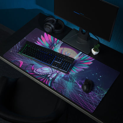 Vaporwave wings gaming mouse pad with vibrant neon pink and teal winged creature design on large glossy surface