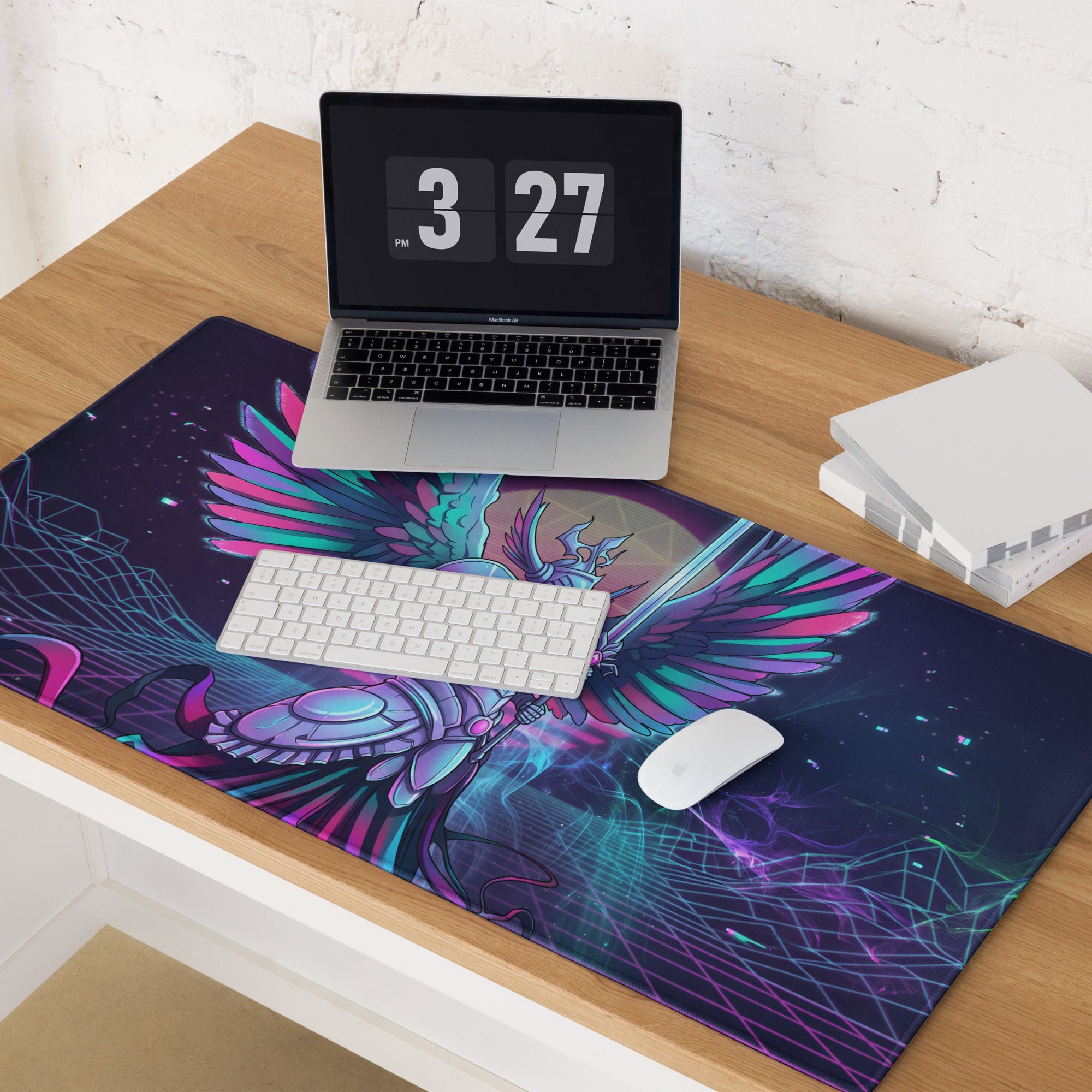 Vaporwave wings gaming mousepad with neon pink cyan winged knight design on dark cosmic background with geometric lines