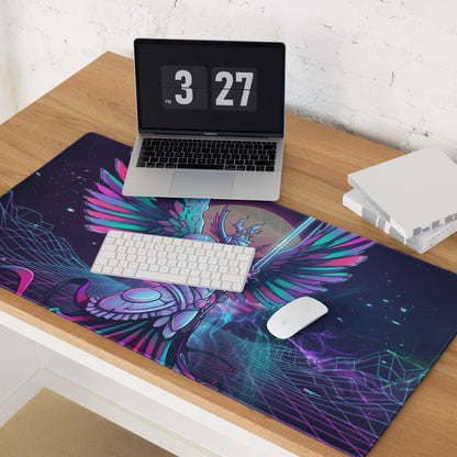Vaporwave wings gaming mousepad with neon pink cyan winged knight design on dark cosmic background with geometric lines