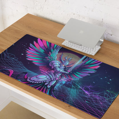 Vaporwave wings gaming mouse pad with neon pink and teal winged knight graphic on sleek dark blue surface