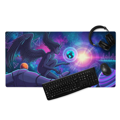 Vibrant neon vaporwave angel gaming mouse pad with purple blue cosmic winged figure and cyberpunk city design