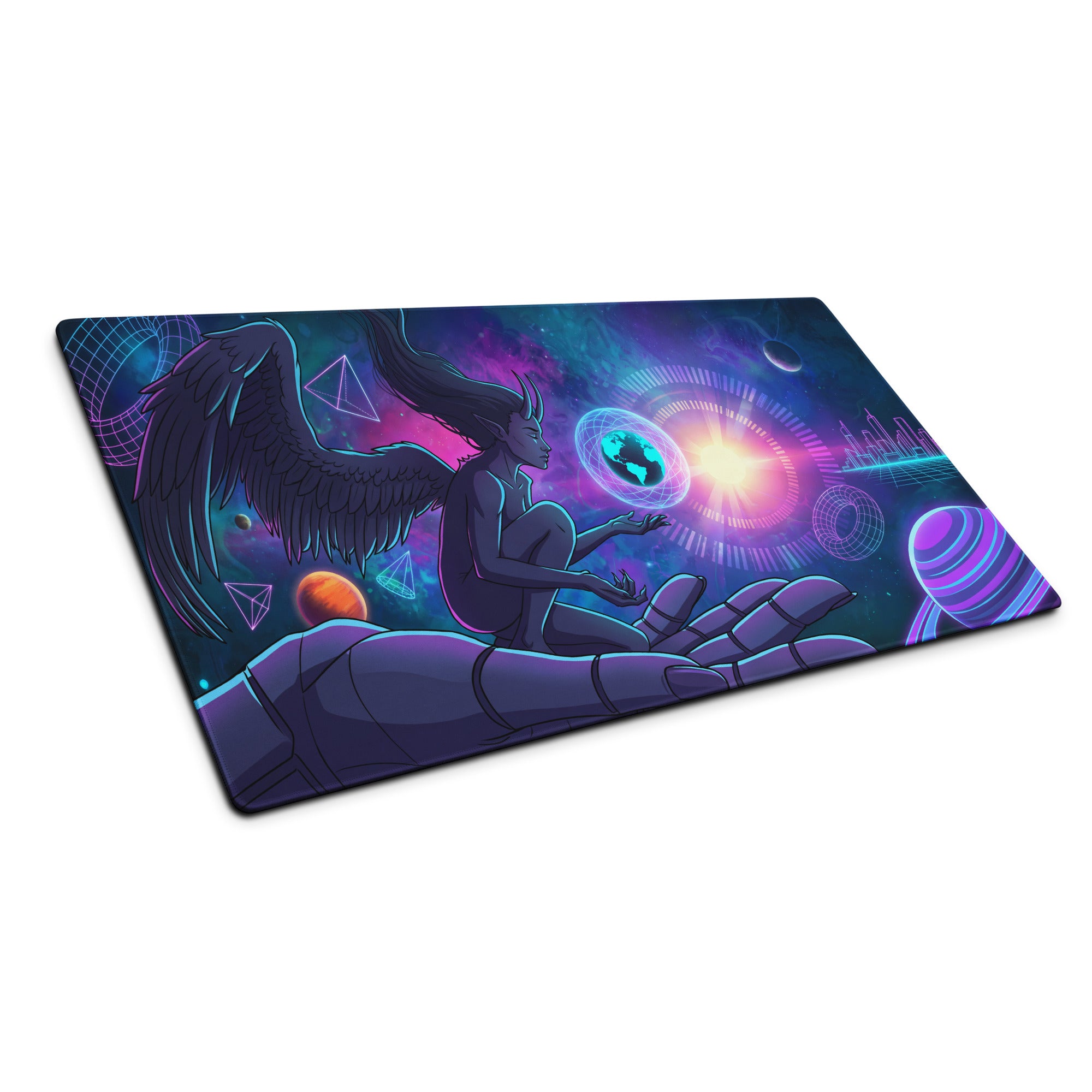 A rectangular neon vaporwave angel mouse pad with vibrant cyberpunk pink purple blue design for gaming use