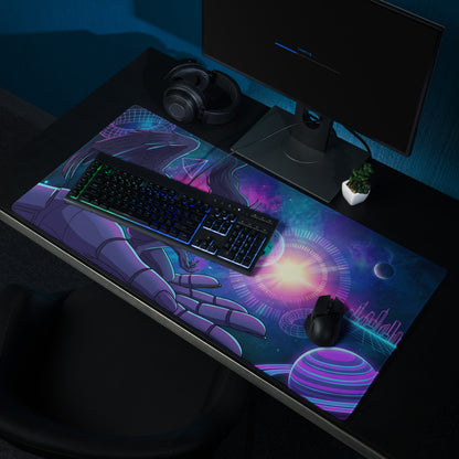 Neon vaporwave angel gaming mouse pad with vibrant neon purple pink cosmic design featuring hand reaching starfield