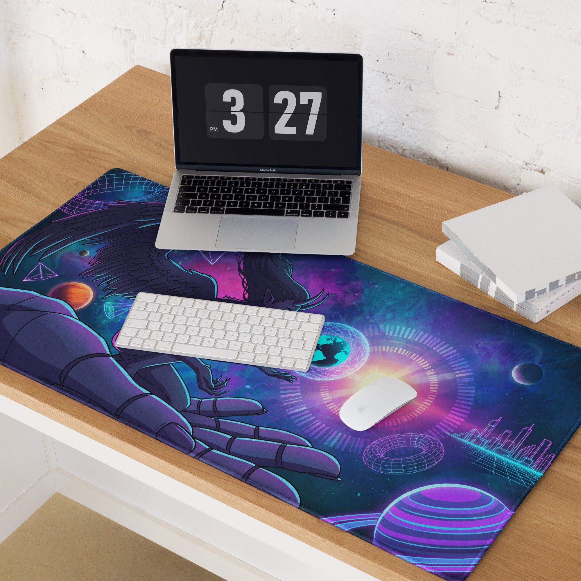 Neon vaporwave angel mouse pad featuring a vibrant cyberpunk galaxy theme with a robotic hand in pink purple and blue