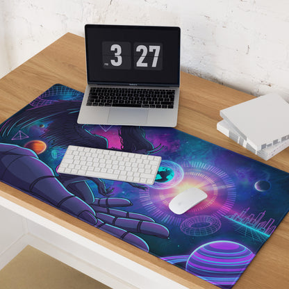 Neon vaporwave angel mouse pad featuring a vibrant cyberpunk galaxy theme with a robotic hand in pink purple and blue