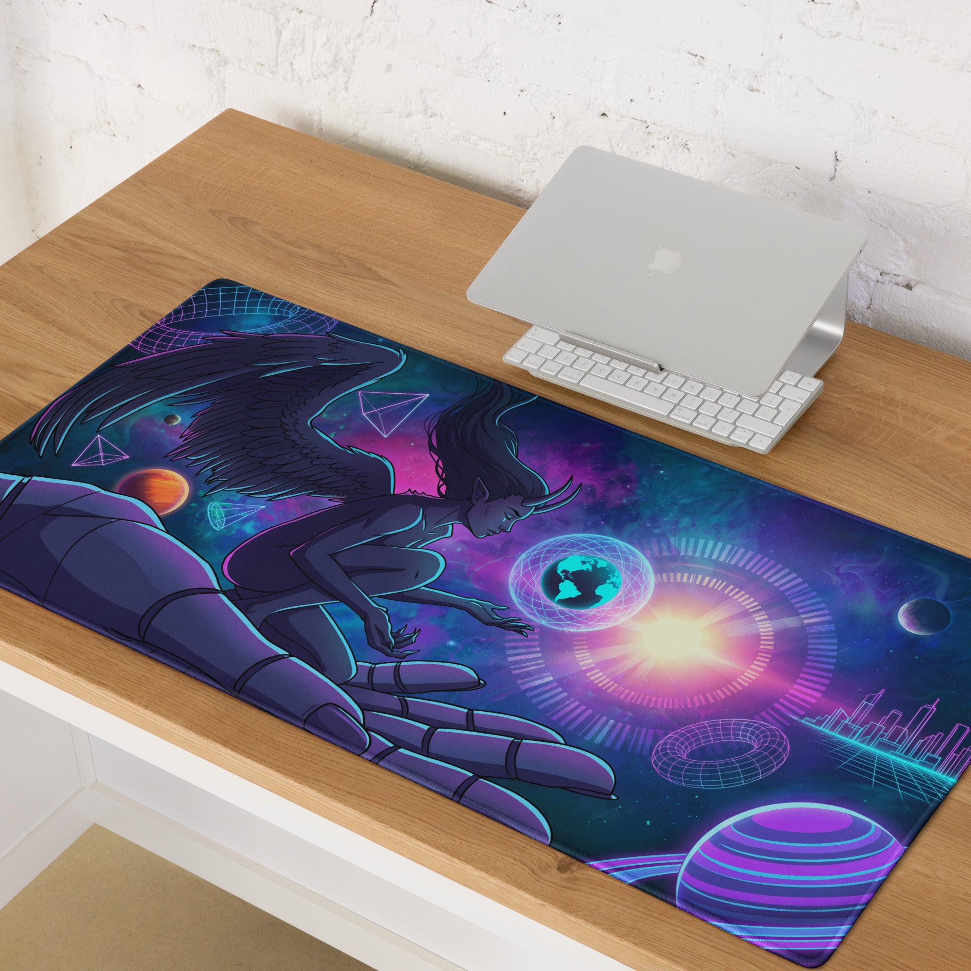 A vibrant neon vaporwave angel mouse pad with cosmic design dark wings glowing purple blue pink for gaming use