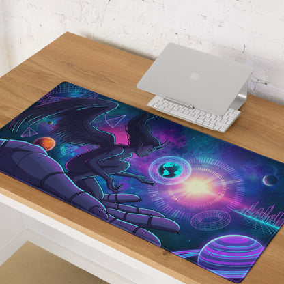 A vibrant neon vaporwave angel mouse pad with cosmic design dark wings glowing purple blue pink for gaming use