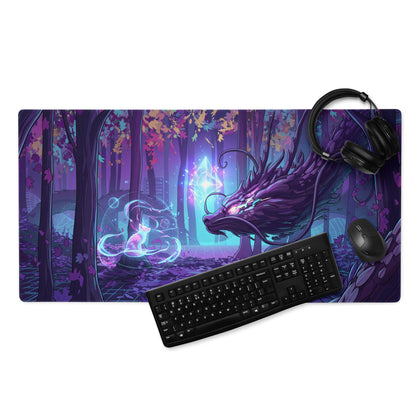 Purple and blue fantasy gaming mousepad with dragon fox and glowing crystal in enchanted forest neon vaporwave design
