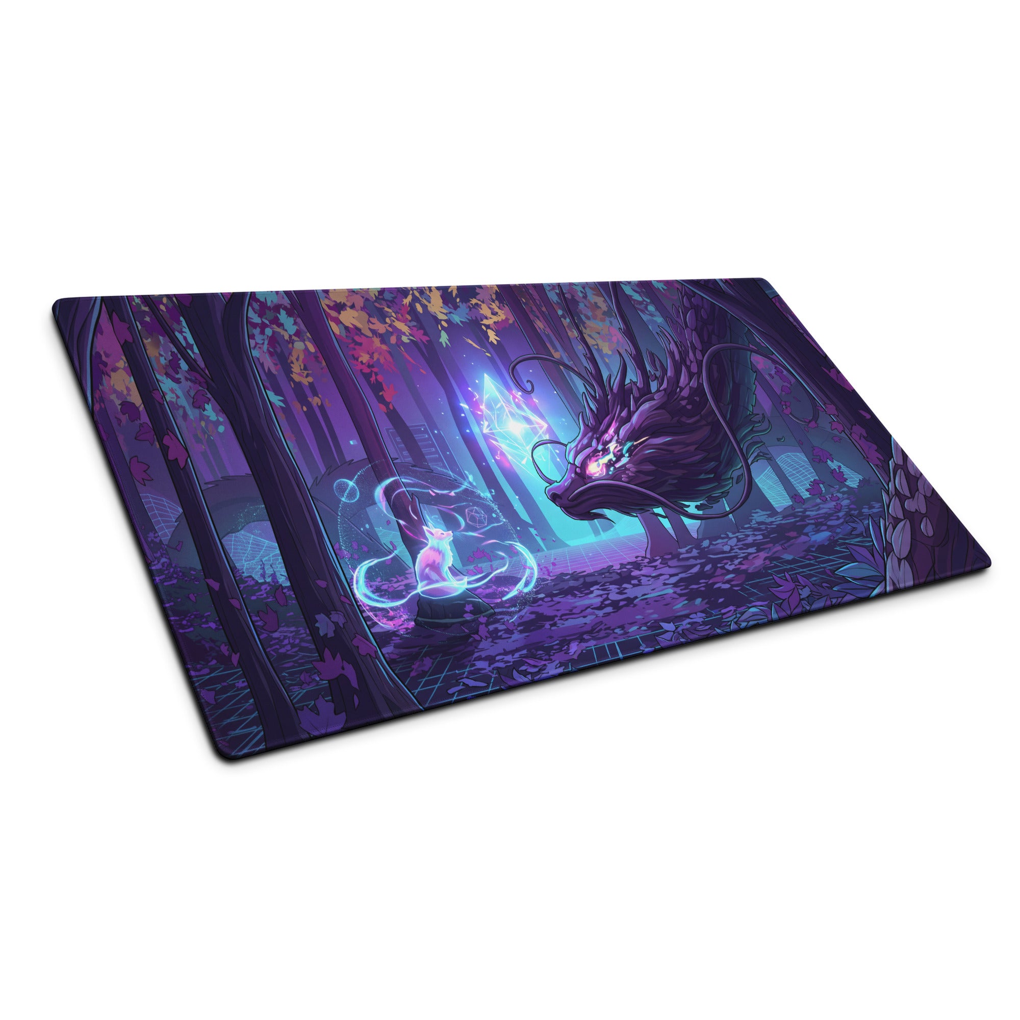 Purple and blue fantasy-themed large gaming mouse pad featuring a neon forest dragon in a mystical vaporwave design