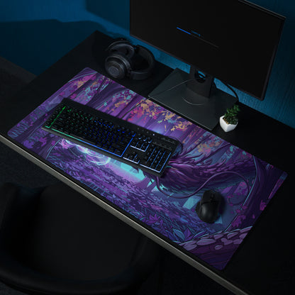Neon forest dragon purple gaming mousepad with vibrant forest-themed artwork and large vaporwave cyber decor design