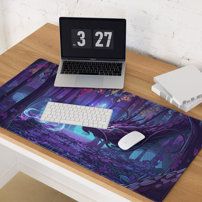 Neon forest dragon pad gaming mousepad with purple and blue fantasy forest design and glowing neon accents