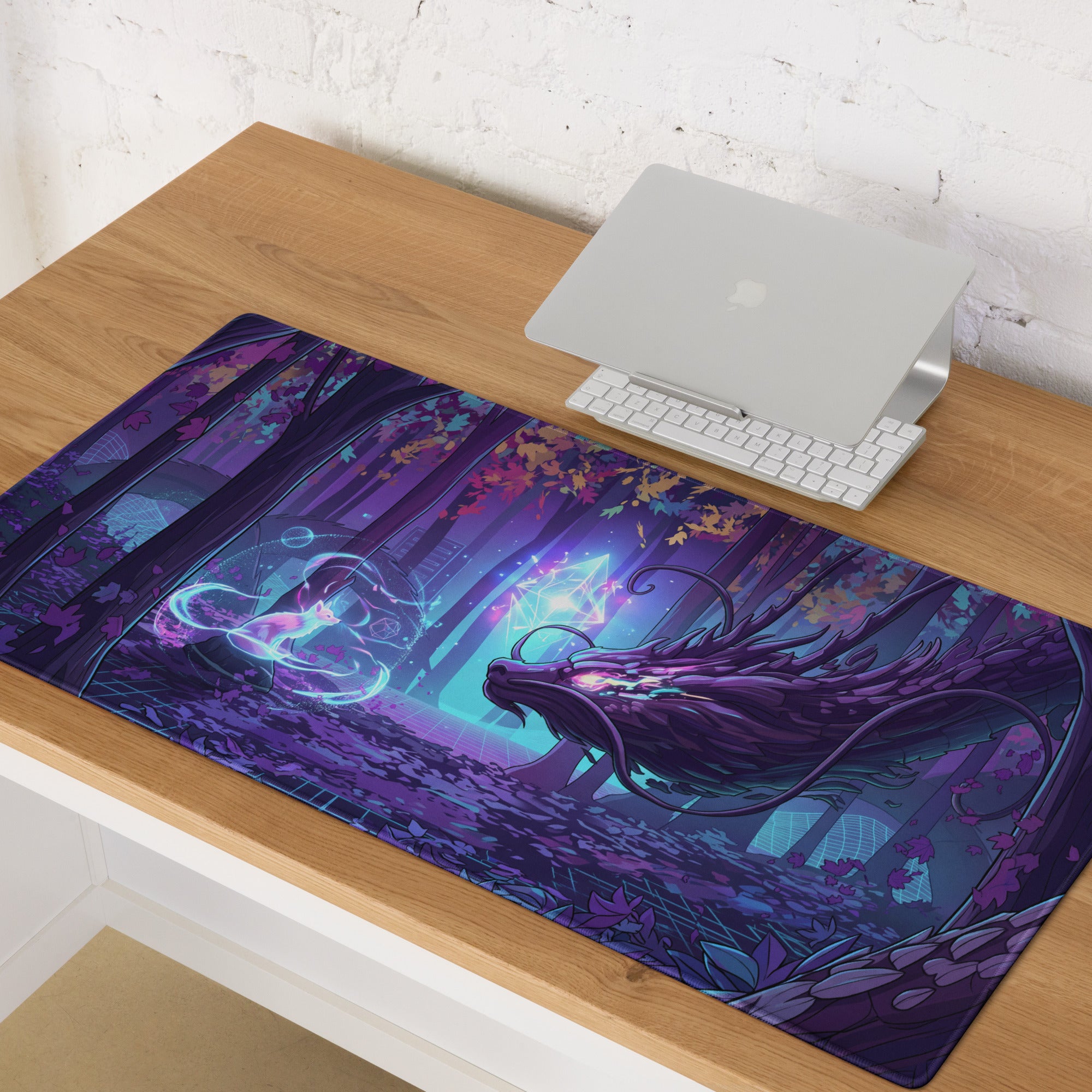 Purple and blue neon forest dragon gaming mouse pad with glowing magical elements for vaporwave cyber decor