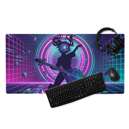 Neon vaporwave guitar pad gaming mouse pad with vibrant purple pink cosmic guitarist silhouette and glowing circles design