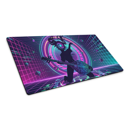 Vibrant neon vaporwave guitar mouse pad with pink purple and blue cyberpunk geometric patterns for gaming desks