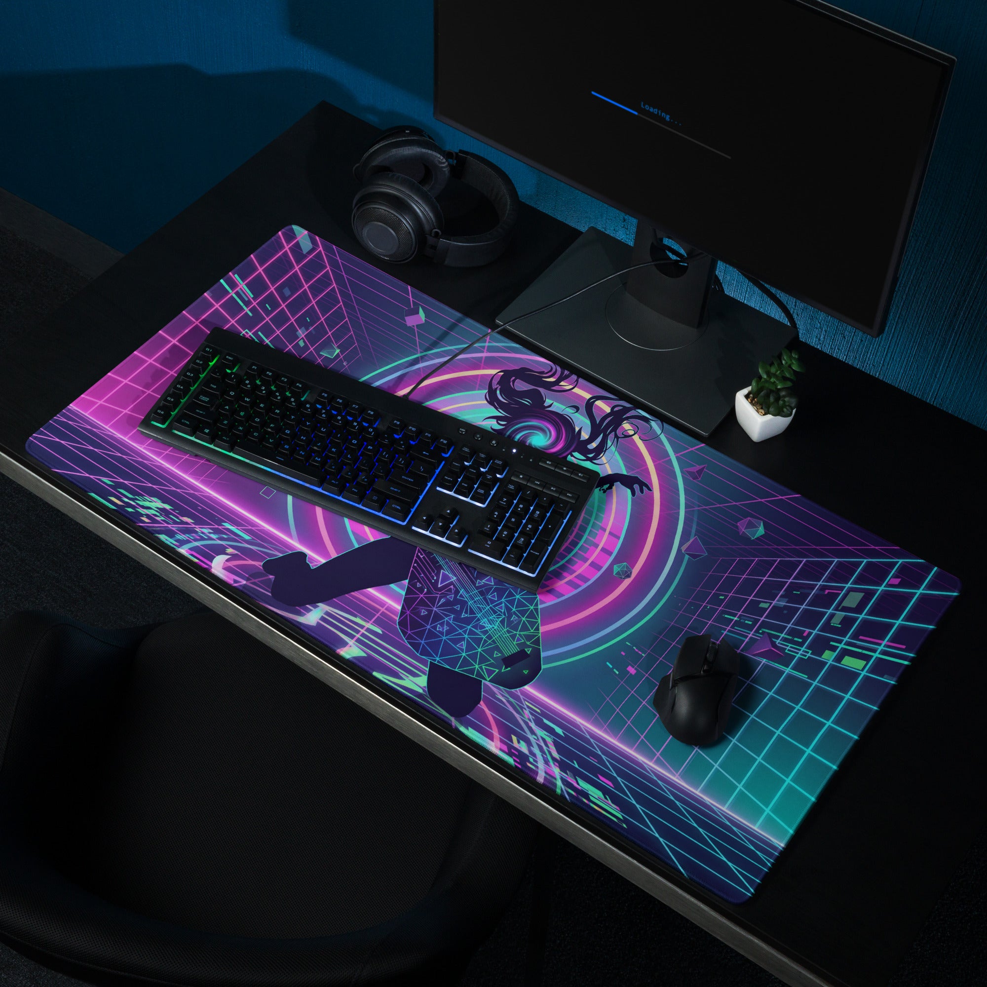 Neon vaporwave guitar mouse pad with vibrant neon purple and teal cyberpunk anime design on glowing grid background