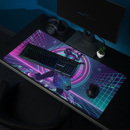 Neon vaporwave guitar mouse pad with vibrant neon purple and teal cyberpunk anime design on glowing grid background