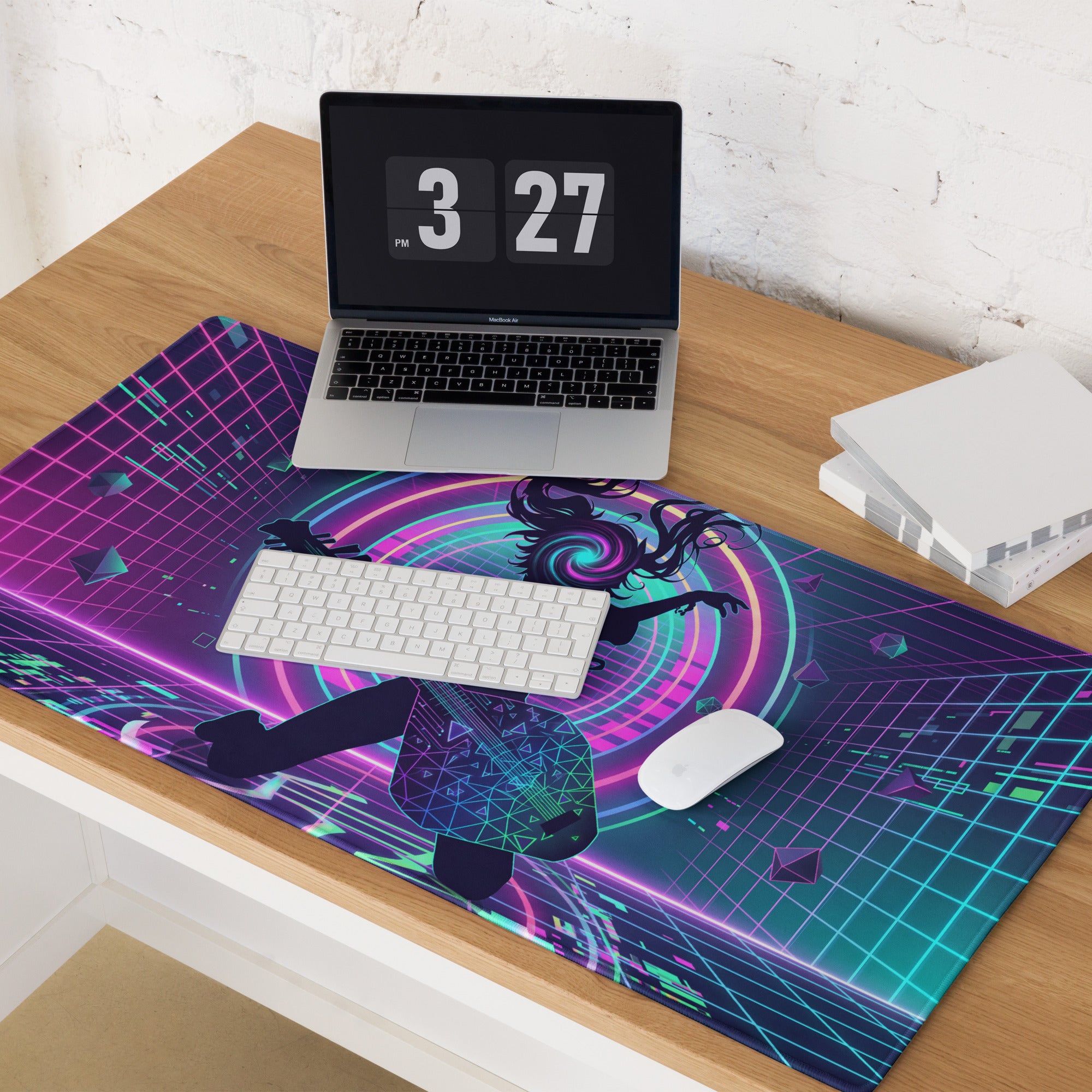 Neon vaporwave guitar pad gaming mouse pad with vibrant purple and teal cyberpunk anime design and glowing geometric patterns