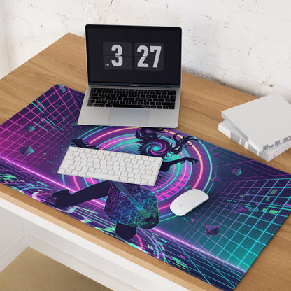 Neon vaporwave guitar pad gaming mouse pad with vibrant purple and teal cyberpunk anime design and glowing geometric patterns