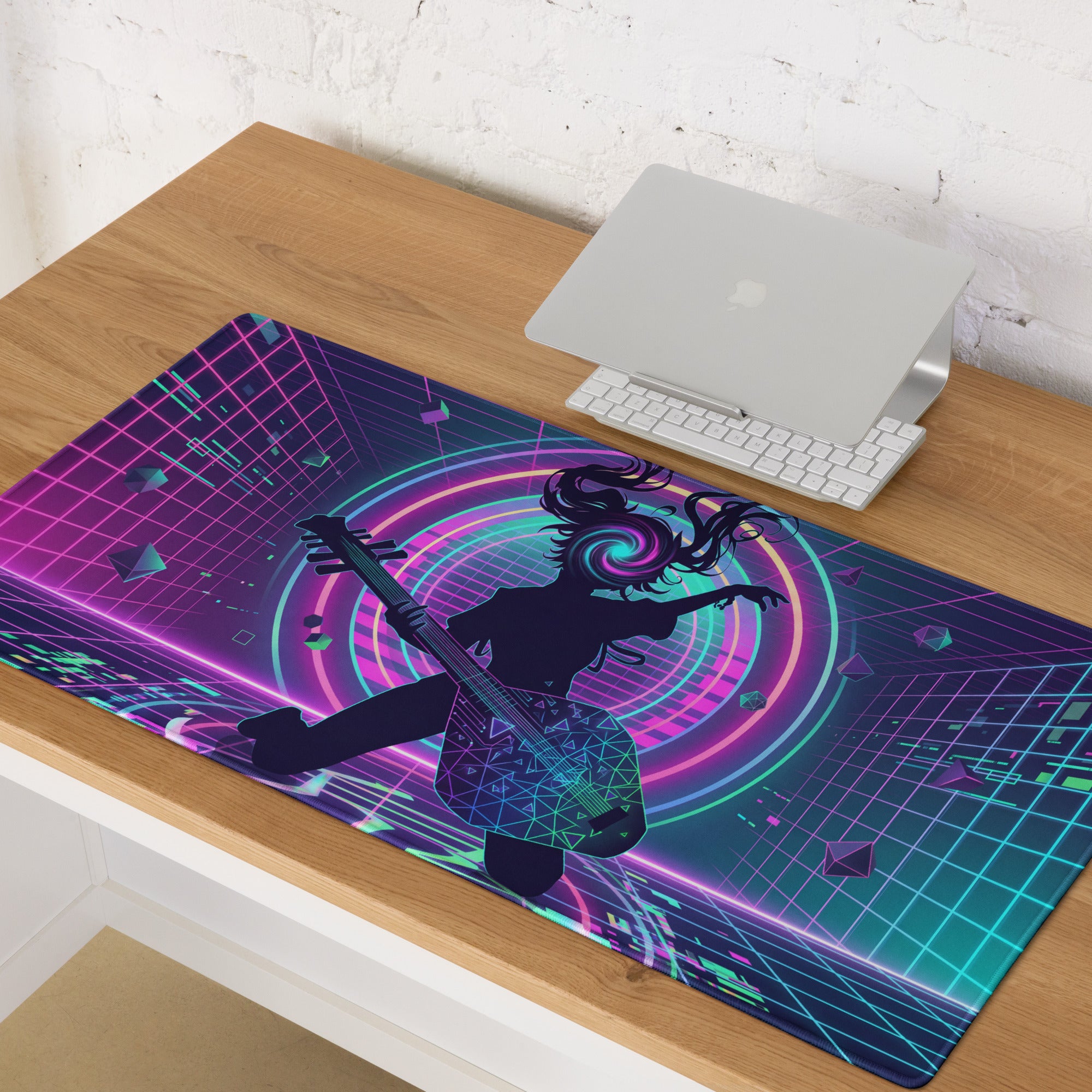 Neon vaporwave guitar pad mouse pad with vibrant neon purple and teal retro-futuristic musician silhouette design
