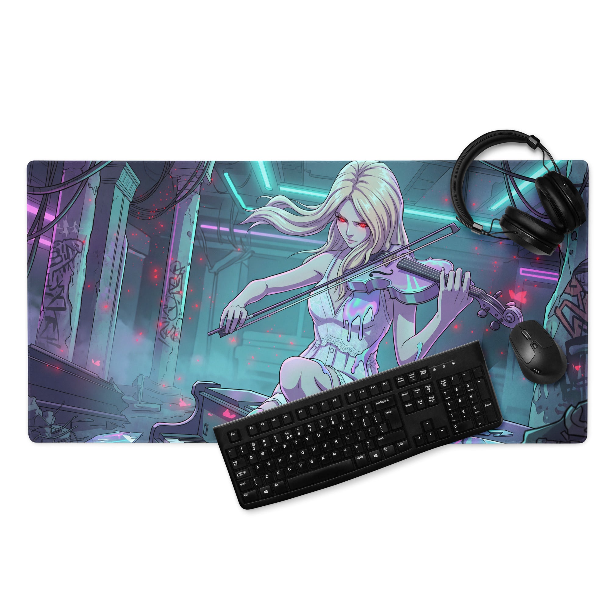 Rectangular gaming mousepad with vibrant anime blonde woman playing violin in neon pink teal vaporwave style