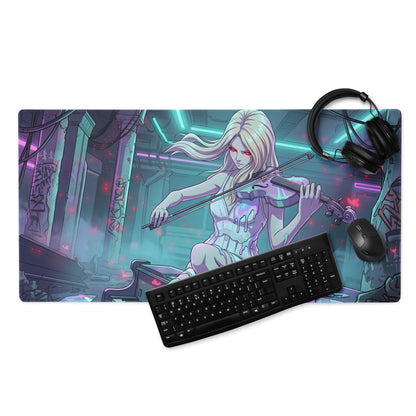 Rectangular gaming mousepad with vibrant anime blonde woman playing violin in neon pink teal vaporwave style