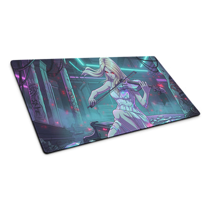 Rectangular gaming mouse pad with vibrant anime blonde violinist in neon pink teal vaporwave design for desk decor