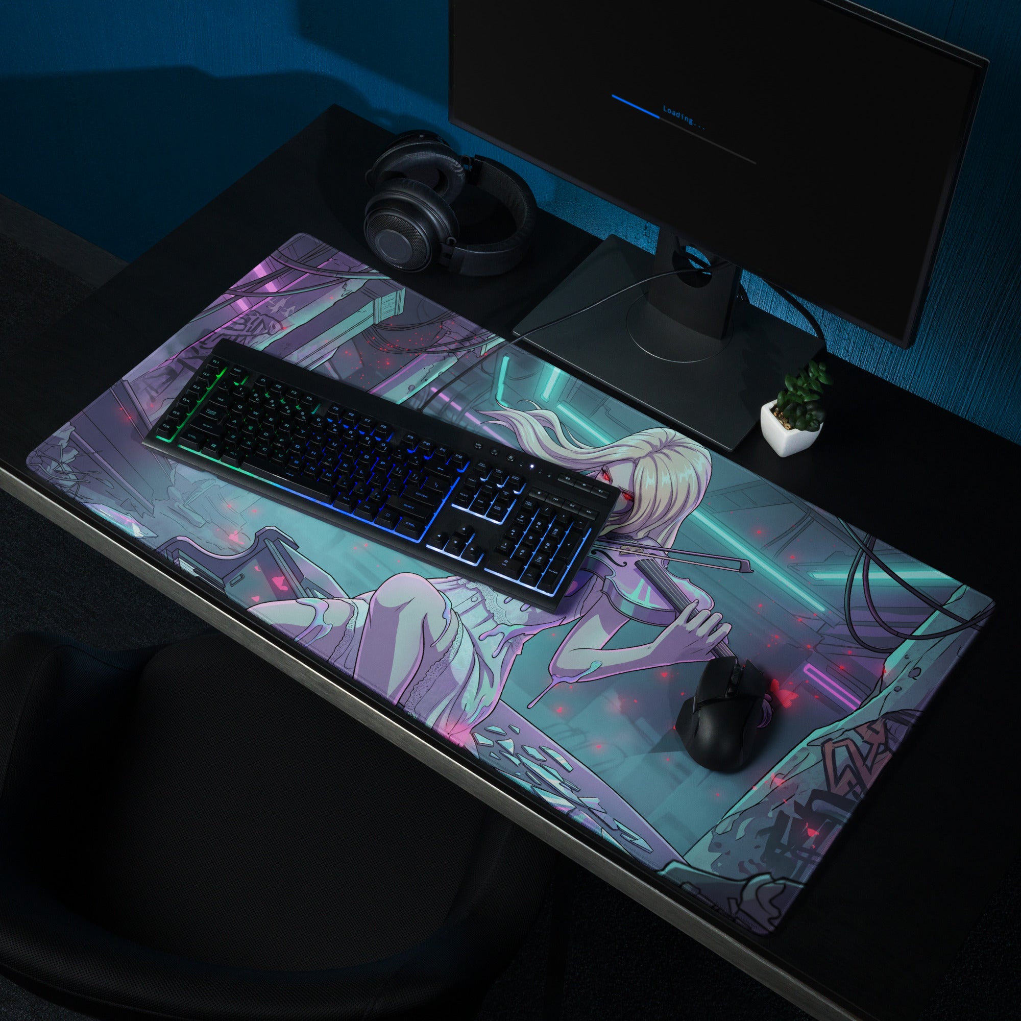 Neon vaporwave violinist gaming mouse pad with glowing purple and teal cyberpunk anime design featuring blonde character
