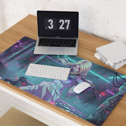 Neon vaporwave violinist gaming mousepad with vibrant purple and teal anime character on a cyberpunk backdrop