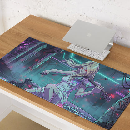 A rectangular glossy gaming mousepad with a vibrant neon pink teal anime violinist design in a cyberpunk cityscape