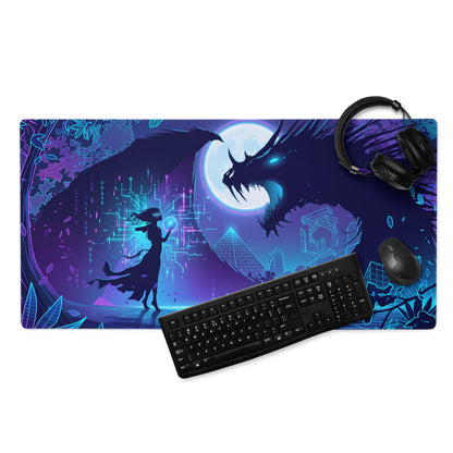 Neon dragon vaporwave mouse pad with vibrant purple and blue digital art featuring a dragon and warrior fantasy scene