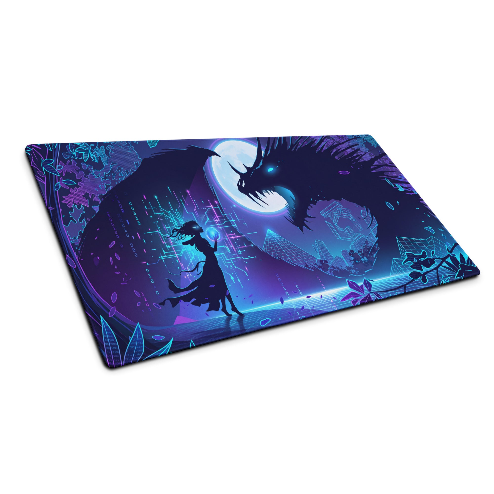 Neon dragon vaporwave rectangular gaming mousepad with vibrant blue and purple dragon and figure under glowing moon
