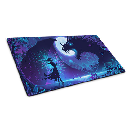 Neon dragon vaporwave rectangular gaming mousepad with vibrant blue and purple dragon and figure under glowing moon