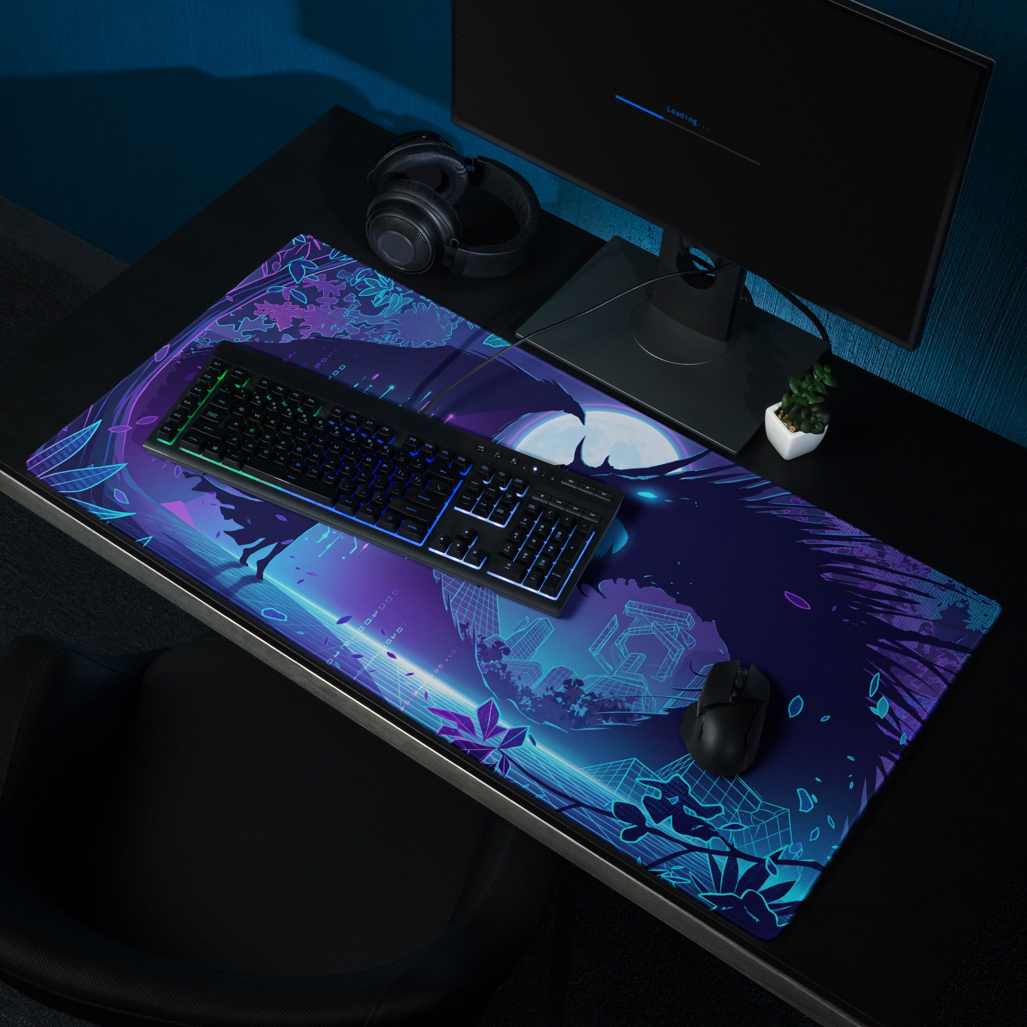 Neon dragon vaporwave gaming mousepad with vibrant purple and blue colors and glowing neon futuristic landscape design